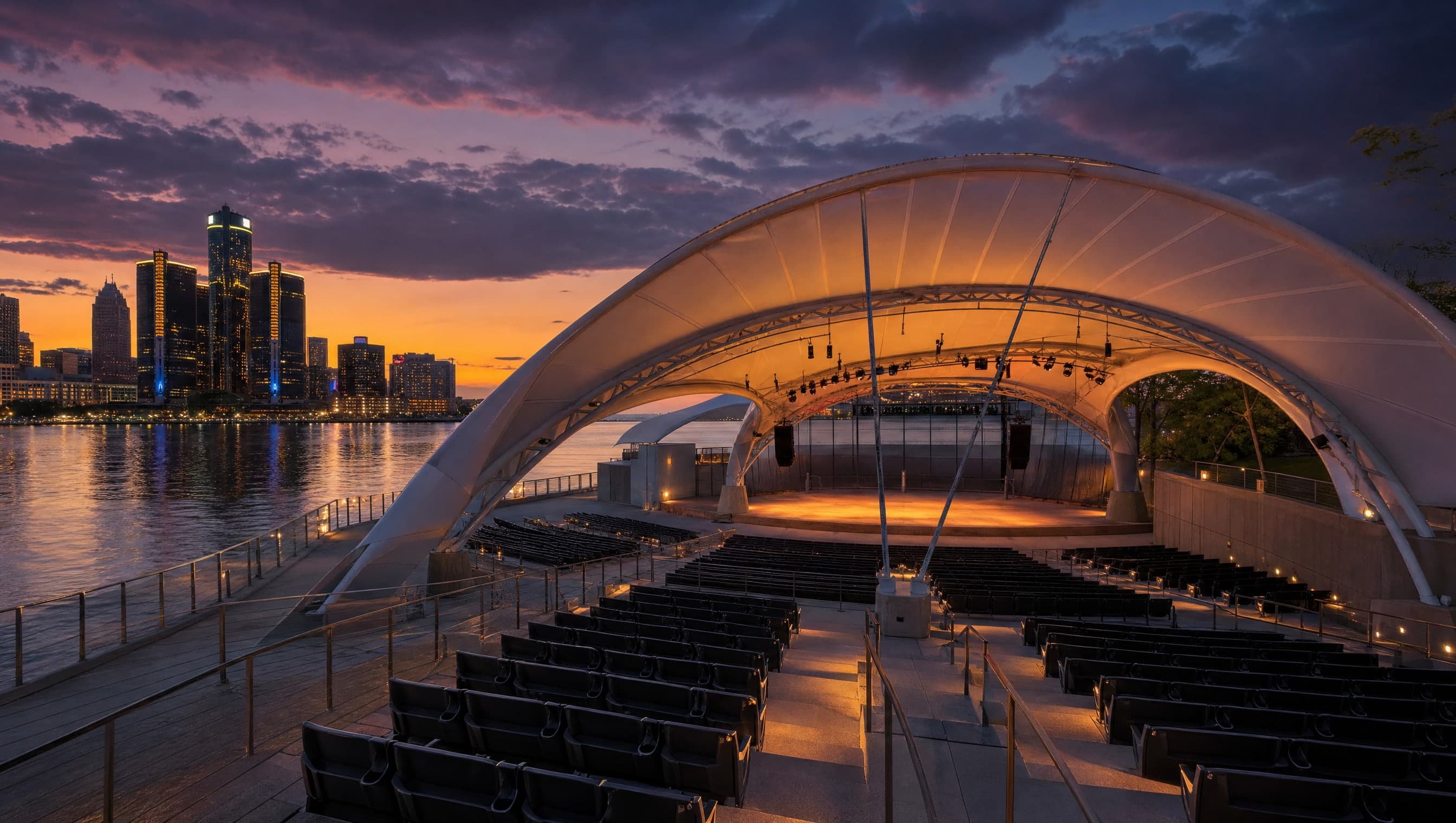 Aretha Franklin Amphitheatre on the Detroit Riverfront at twilight